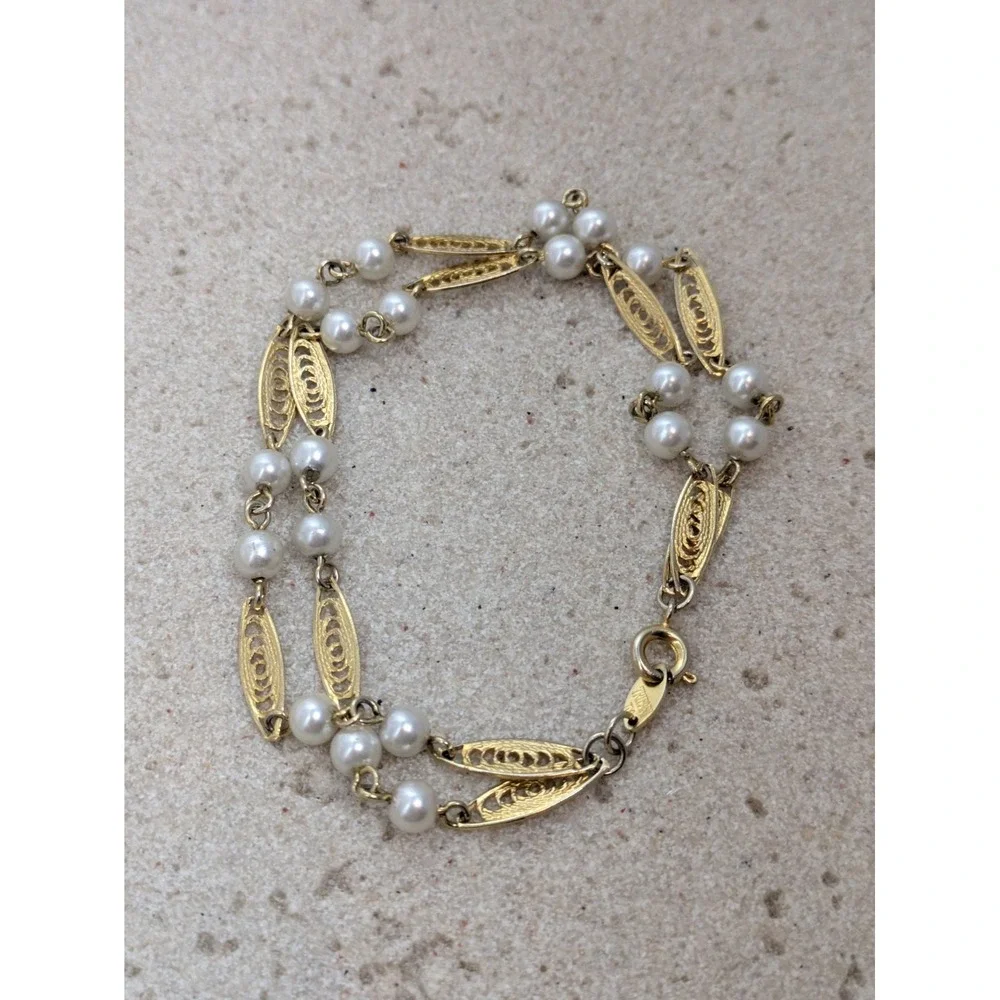 Vintage Trifari Bracelet Gold Tone Filigree Faux Pearl Multi Strand Signed